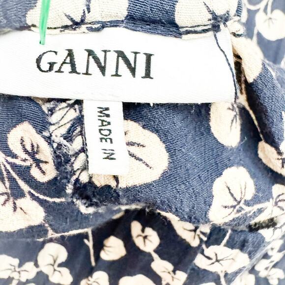 GANNI Printed Flower Straight Leg Slacks Navy Cream Size 34 - Picture 4 of 8